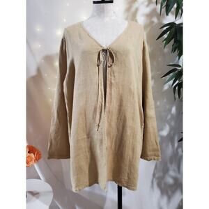 Hot Cotton Womens Tie Front Long Sleeve Linen Tunic Size L Lagenlook Neutral